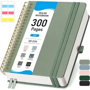 A4 Spiral Notebook College Ruled, Large 8.27"x11.2", Thick 300 Numbered Pages 100GSM Ink-Proof, Faux Leather Hardcover Lay-Flat Lined Journal for Work Office School Writing, Light Green