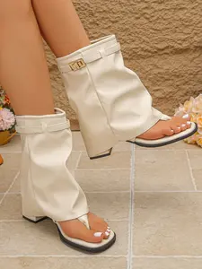 Unique Design Calf Boot, Open Toe Square Head Chunky Heel Sandal, Mid-Calf Pleated Buckle Slip-On Boots, Fashion Evening Wear, Elegant Heeled Sandals, Women