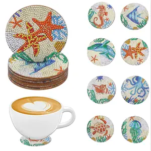 8-piece diamond painting set DIY Marine animal theme diamond painting coasters Coaster Pack, no cup holder, anti-slip wooden Round coasters, suitable for kitchen, office and party decoration