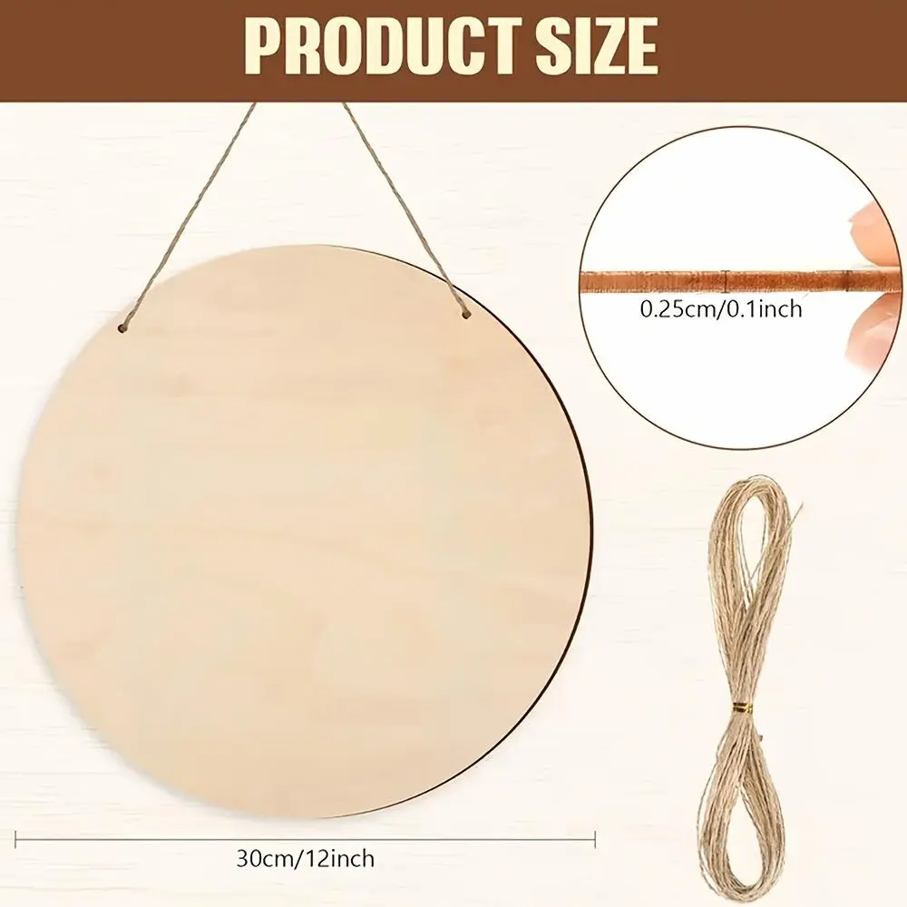 20/5pcs 12-Inch Raw Wooden Crafts, Blank Wooden Round Tag Drawing Board, Equipped with Hemp Rope for Crafts, Suitable for Painting, Wood Carving, Door Hanging, Home Decoration, Craft Gifts