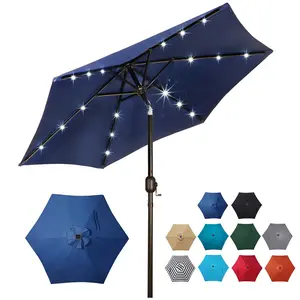 10FT Patio Umbrella with Led Lights, Lighted Pool Umbrella w/Tilt and Crank, Outdoor Market Solar Umbrellas for Garden, Deck, Backyard, Pool and Beach, Navy