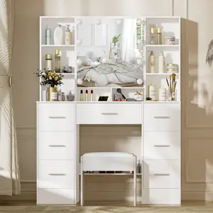 Large Vanity Table Set Makeup with 7 Drawers & LED Lighted Mirror Stool Dressing Table Dresser With Led