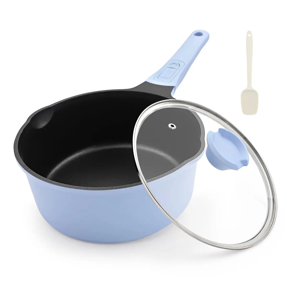 WENZHUO 2.5 Qt Nonstick Silicone-Accented Saucepan with Removable Handle - Lightweight Cast Aluminium Body, Glass Lid with Steam Vent, Stainless Steel Details, All Stove & Oven Safe, Handy Blue Cookware for Couple & Family Cooking