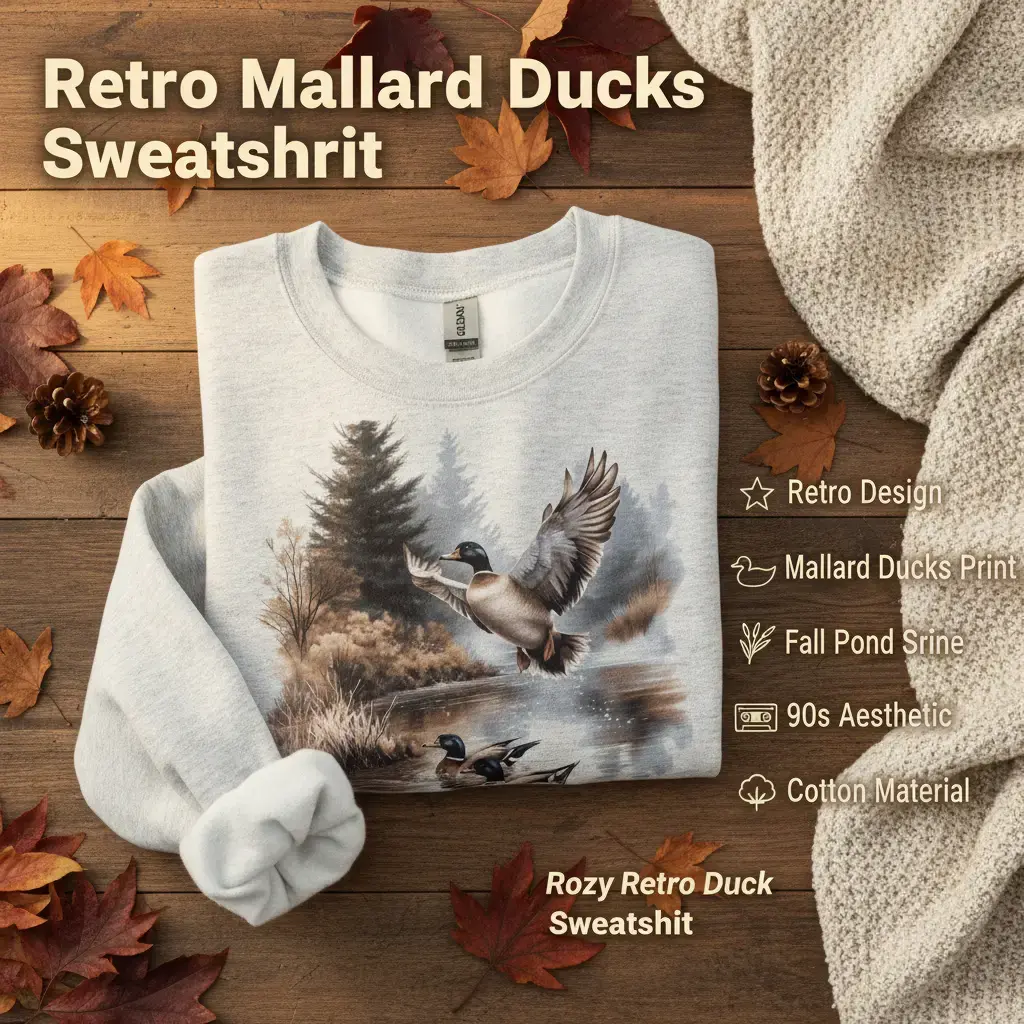 Women's Retro Mallard Ducks Fall Pond Scene Hoodie - 90s Waterfowl, Forest Nature, Casual Long Sleeve Printed Round Neck Cotton Pullover