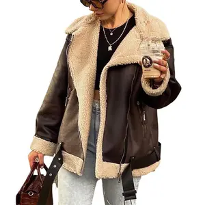 Women's Faux Lamb Fur Leather Short Jacket, Lapel Zipper Bomber Outwear, Warm Faux Suede Long Sleeve Fleece Biker Aviator Coat
