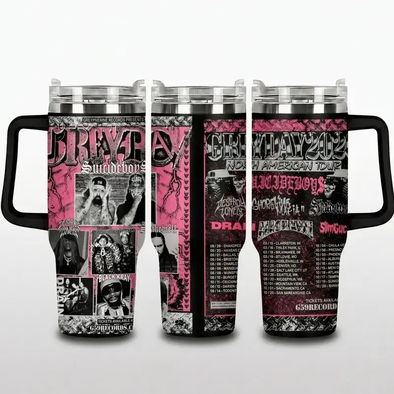 Pink $uicideboy$ Grey Day Tour 2026 Tumbler with Handle, G59 North America Tour Lineup Schedule Stainless Steel Insulated Mug, Gothic Rap Metal Music Fan Gift