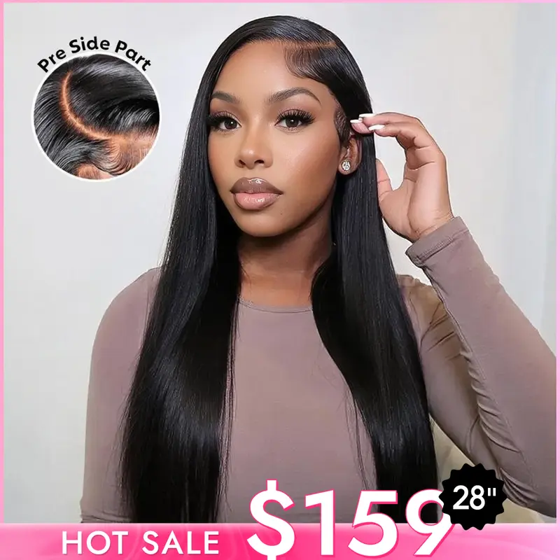 [28''=$159] Pre-Cut Pre-Bleached Knotless 6x4.5 Lace Closure Left Side Part & 13x6 Lace Front Wig Middle Part 180% Density, Drawstring Headband Compatible, Soft Silky Straight, Beginner-Friendly