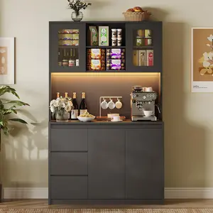 【GARVEE】Pantry Cabinet, 71" Tall Smart Kitchen Storage Cabinet with LED Lighting, Charging Station, Microwave Stand Storage Hutch, Glass Door Shelves, Adjustable Shelves Design for Home, Dining Room