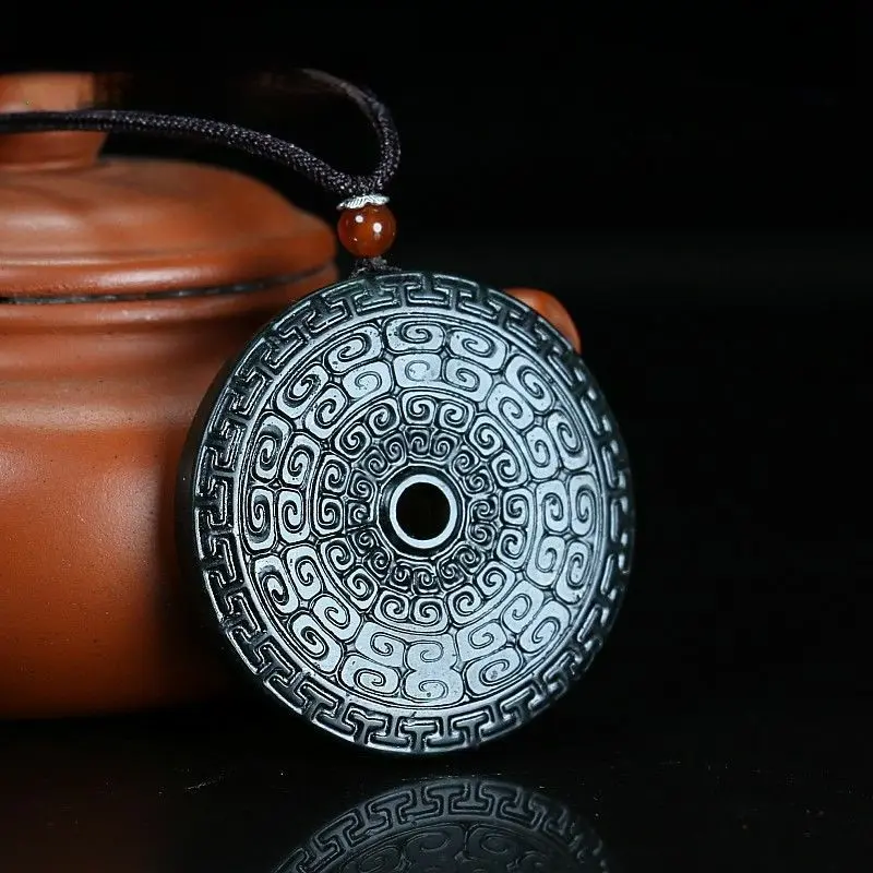 Natural Serpentine Lantian Black Jade Archaized He Shi Bi Double-Sided Peace Buckle Pendant, Protective Charm for Peace and Health, Pendant Design