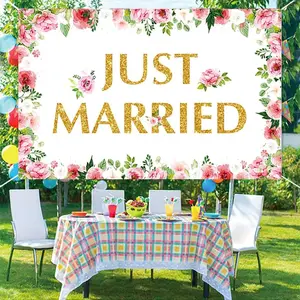 Just Married Wedding Backdrop,Wedding Party Banner with 70.8 X43.3 inch, Floral Bridal Shower Backdrop Banner Sign for Bridal Shower Wedding Engagement Party Decorations Photography Background
