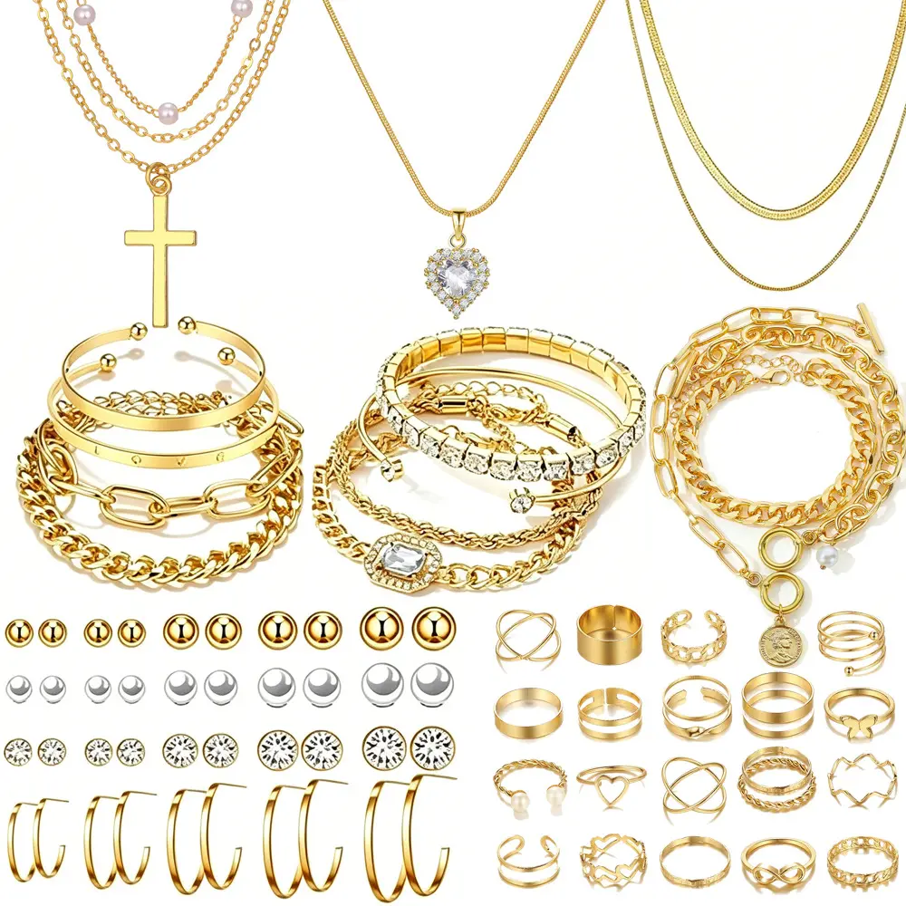 Golden 58pcs Cross Jewelry Set, Classic Style Gold Plated Alloy Accessories for Women, Stackable for Parties & Holiday Gifts