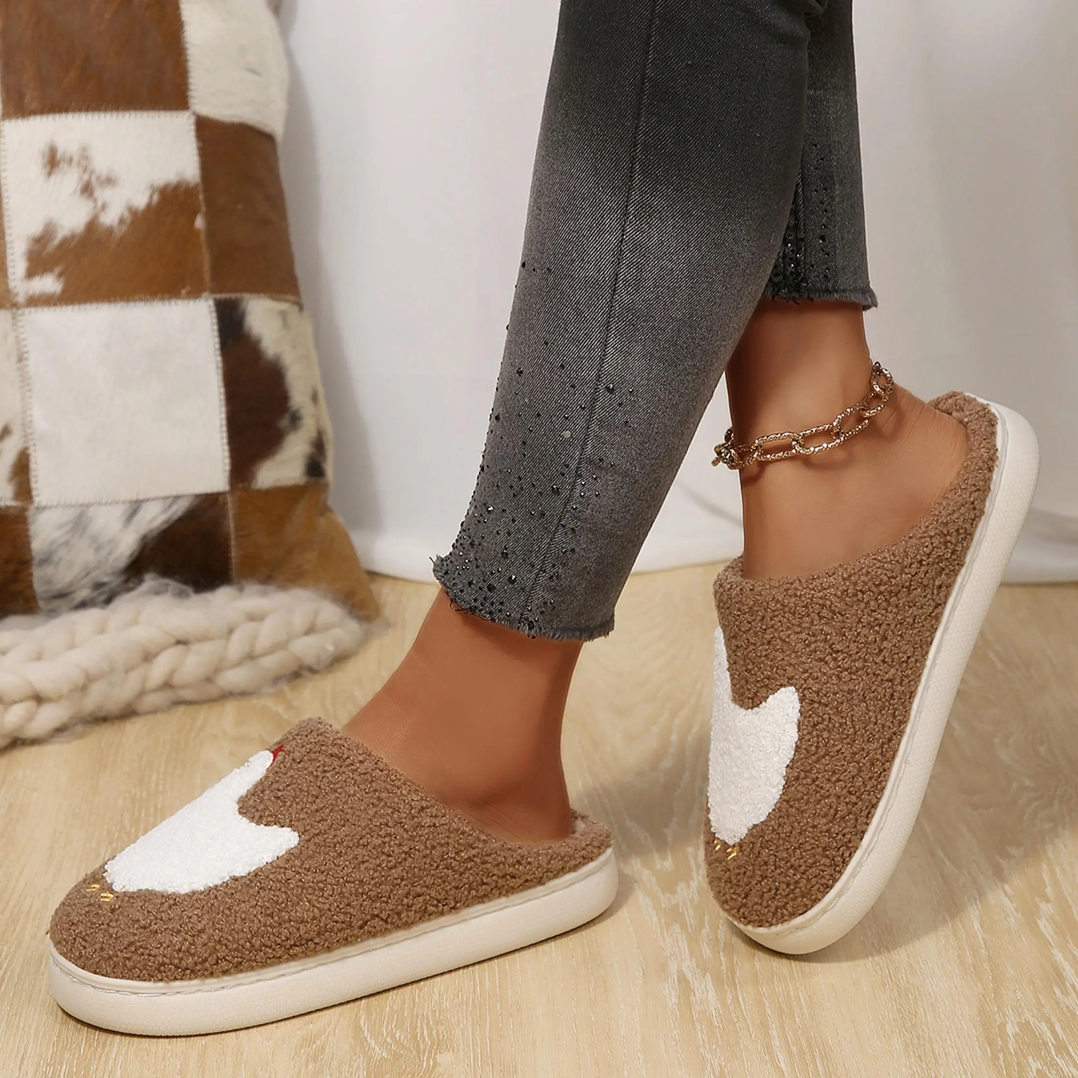 Women's Cozy Fluffy Slippers Chick Embroidered Indoor Soft Warm Comfortable Mule Slip On Cushioned Sole