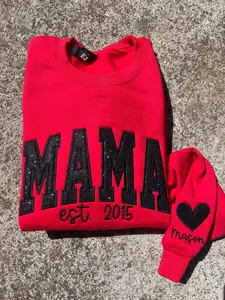 Custom Mama EST. Glitter Applique Embroidered Sweatshirt