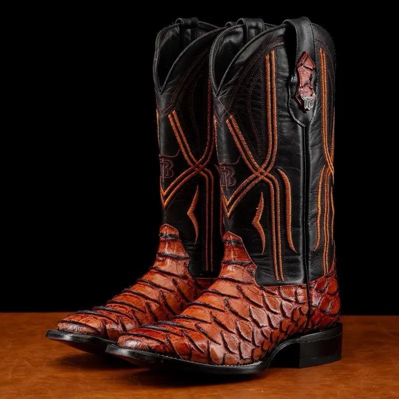 Cognac Jumbo Python Print Leather Boots - Square Toe