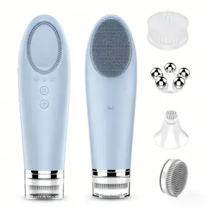 4-In-1 Dual-Sided Silicone Electric Facial Massager, Eye Warm Therapy, 3 Replacement Heads, 5 Vibration Settings, USB Charging, Travel-Friendly