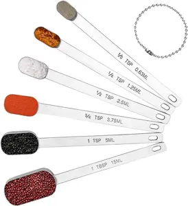 Long Handle Measuring Spoons Set of 6, Stainless Steel Measure Teaspoons, Metal Rectangular Bowl Tablespoon