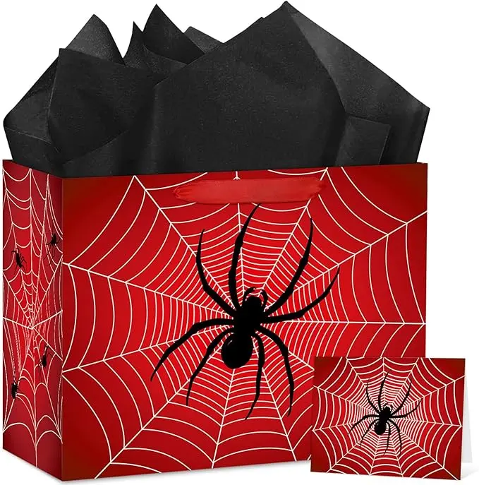 Spider Birthday Gift Bag with Handles for Boys Kids & Men Spider Web Gift Wrap Set with Wrapping Paper & Greeting Card Black Red Birthday Party Favor Bag Halloween Gift Bag