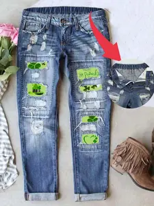 Women's Patch Ripped  Distressed Stretchy Waistband Boyfriend Unique Clover Print Mid-Waist Jeans Fitted Denim Pants Woman's Casual Everyday Wear Comfy for All Season Womenswear