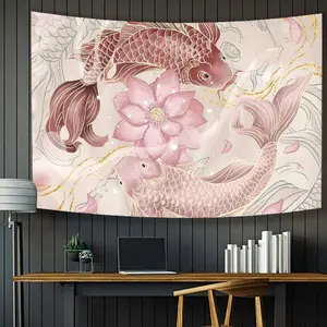 Japanese-style koi fish tapestry and lotus wall decoration, in pink color, suitable for living room, dormitory or home decoration, as a friendly gift.