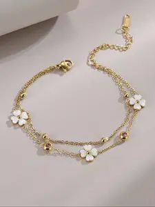 Stylish Four Leaf Flower Natural Shell Stainless Steel Women's Beach Anklet, Elegant Foot Jewelry for Summer, Trendy Jewellery Accessories, Perfect Gift for Her