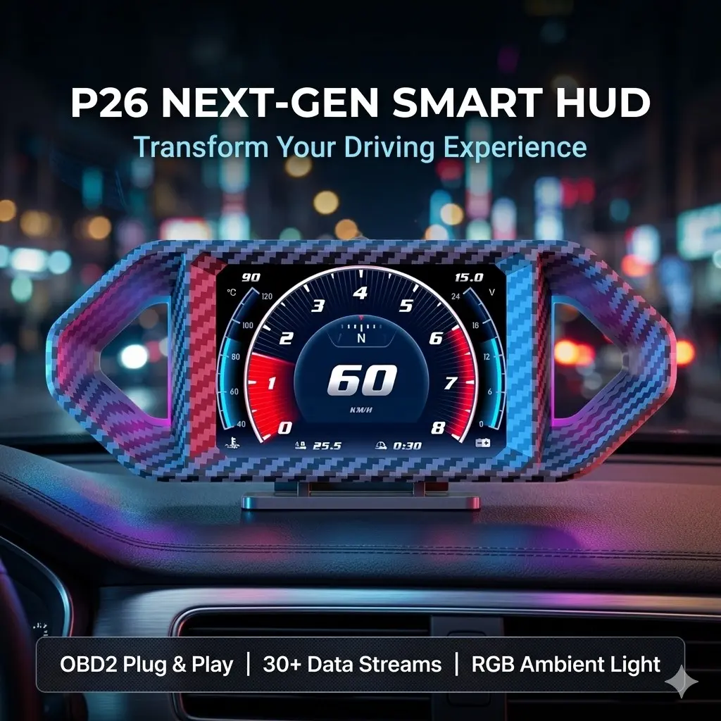 P26 OBD2 HUD Head Up Display - Smart Car Digital Gauge with RGB Ambient Light, Turbo Boost & Transmission Temp, Performance Test for All Cars