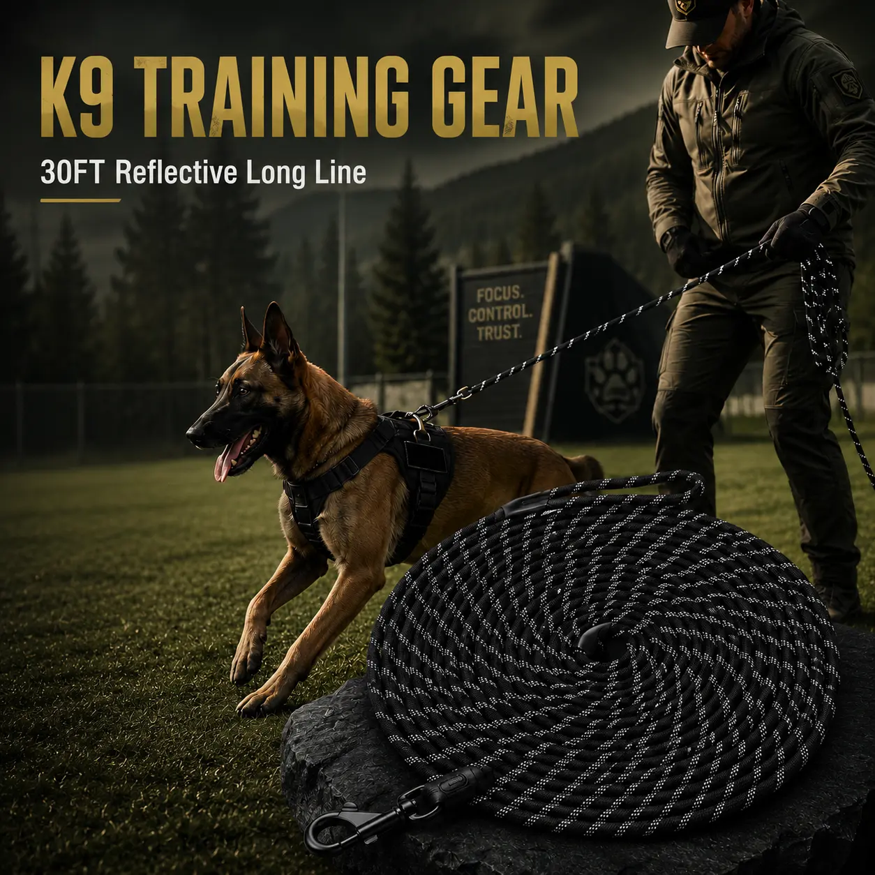 K9 Training Gear 30FT Long Dog Leash, Reflective Nylon Rope Recall and Obedience Lead with 360° Swivel Hook for Large Medium Small Dogs, Outdoor Walking Hiking Camping Agility and Backyard Training, Black