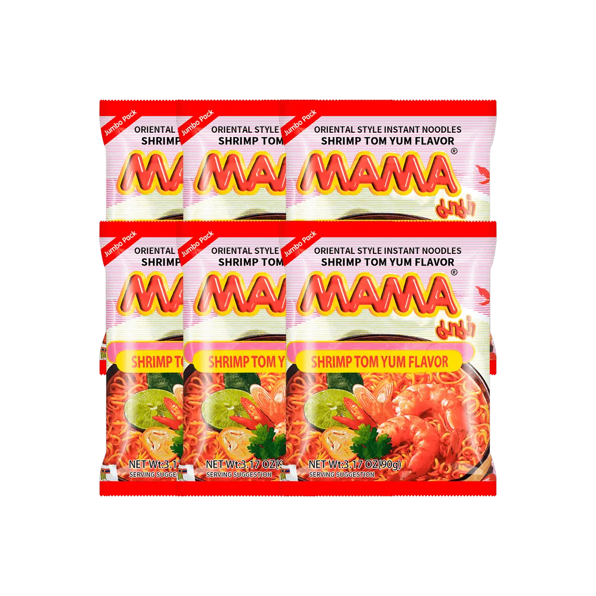 MAMA 6-Pack Thai Instant Noodles - Spicy Shrimp Flavor 90g | Classic Seafood Ramen | Quick Snack