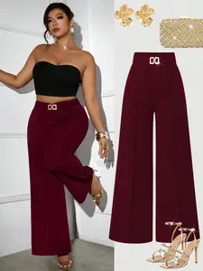 Women's Plus Size Womenswear Burgundy Wide Leg Bottom Pants High Waist Gold Buckle Trousers Elegant Office Workwear Holiday Party Outfits Christmas Thanksgiving Night Out Corporate Core Chic