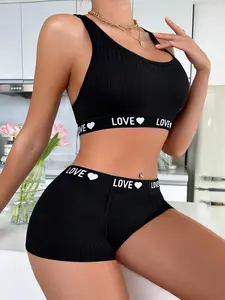 Yoga Ladies' Bra & Boyshorts Underwear Set with Letter-Printed Elastic Tape Black Lace Sheer Thongs Low Rise Slight Stretch