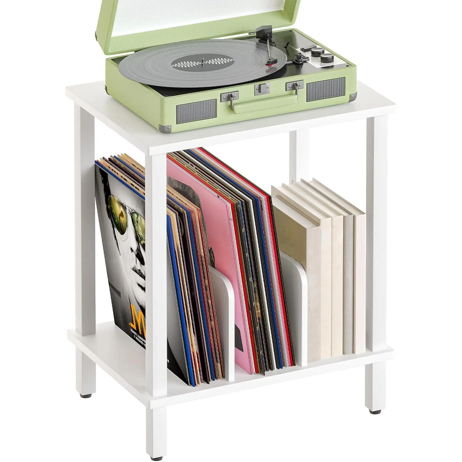 HOOBRO Small End Table, 2-Tier Record Player Stand Vinyl Record Turntable Stand with Storage up to 100 Albums, Small Side Table for Living Room, Bedroom White, WT05RS01