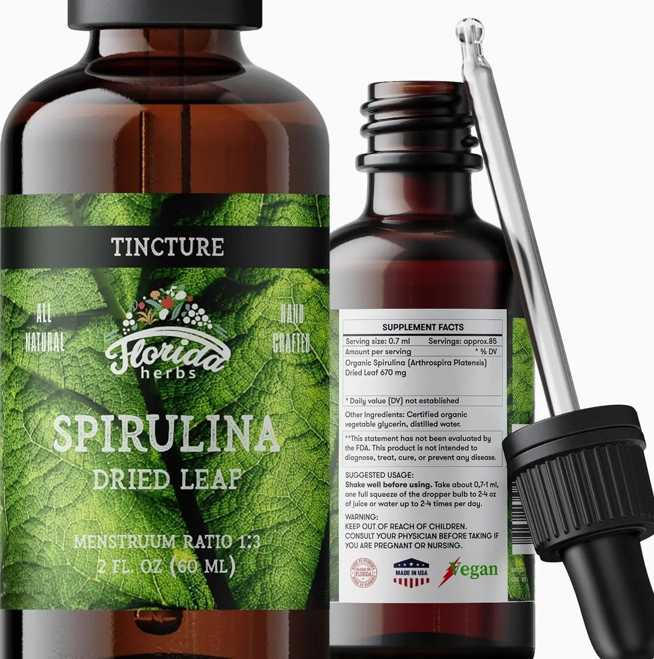 Spirulina Tincture, Organic Spirulina Extract (Arthrospira Platensis) Herbal Supplement, Non-GMO in Cold-Pressed Organic Vegetable Glycerin, 700 mg, 2 oz (60 ml)undefined