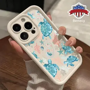 TPU Phone Case for iPhone 15 16 14 Pro Max 13 12 11 XR XS Plus E Cyan Turtle Pattern Anti-Scratch Shockproof Soft Silicone Protective Cover Smartphone Casing