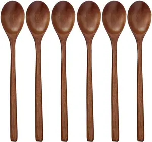 Wooden Spoons, 6 Pieces 9 Inch Wood Soup Spoons for Eating Mixing Stirring, Long Handle Spoon with Japanese Style Kitchen Utensil, ADLORYEA Eco Friendly Table Spoon