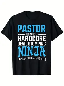 Funny Pastor T-Shirt - "Because Devil Stomping Ninja Isn't a Job Title" - Black with Blue Text - Soft Breathable Cotton Crew Neck Tee - Regular Fit Unisex Shirt for Church, Cosplay, Themed Parties - Machine Washable Humorous Gift Apparel, Casual Wear, Bol