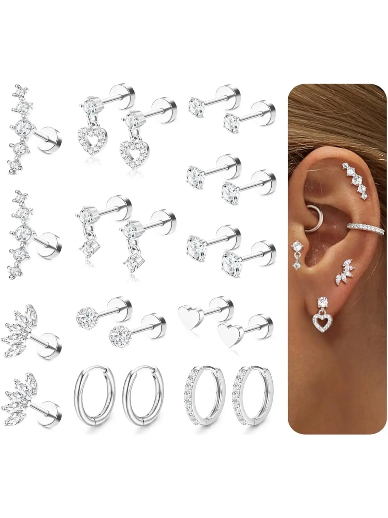Hypoallergenic Flat Back Earrings for Women Cartilage Earrings Stacks-20G Stainless Steel Flatback Stud Hoop Earring Set Daith Conch Tragus Helix Piercing Jewelry Ear Studs