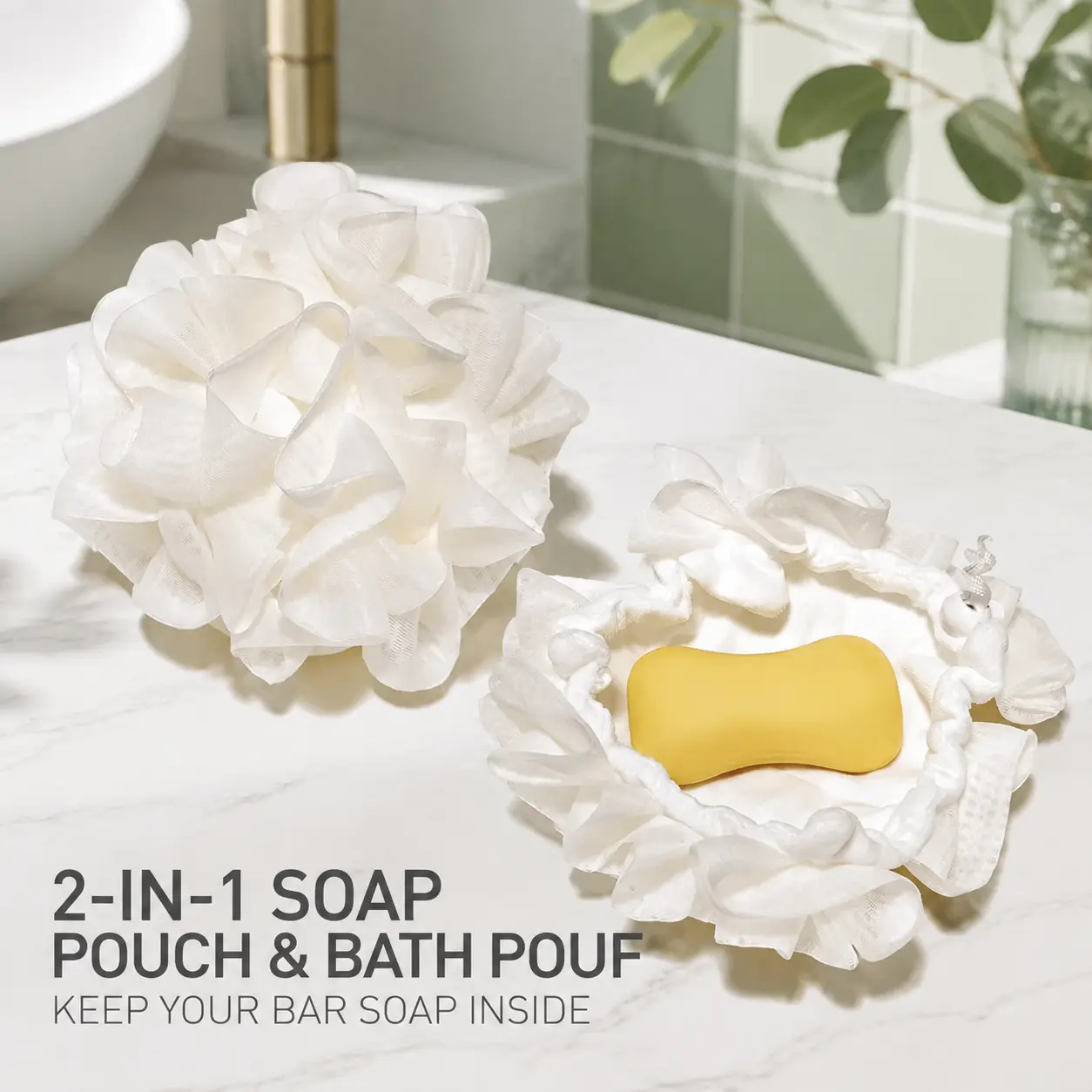 Bath Loofah Sponge Exfoliating Shower Pouf Ball with Elastic Hand Strap Soft Body Mesh Scrubber for Women Men Bathroom