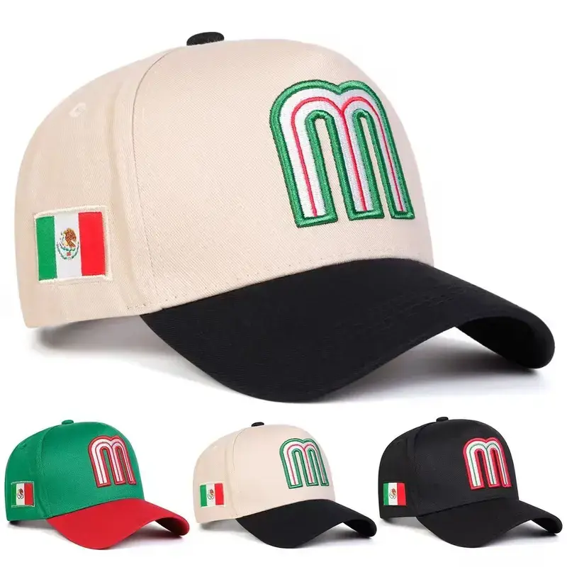 Unisex Embroidered M Letter Baseball Cap - Mexican Flag Design, Hip-Hop Net Style, Adjustable Black Cap for Everyday Outdoor Casual Wear Premium Quality Cap Patch Hat