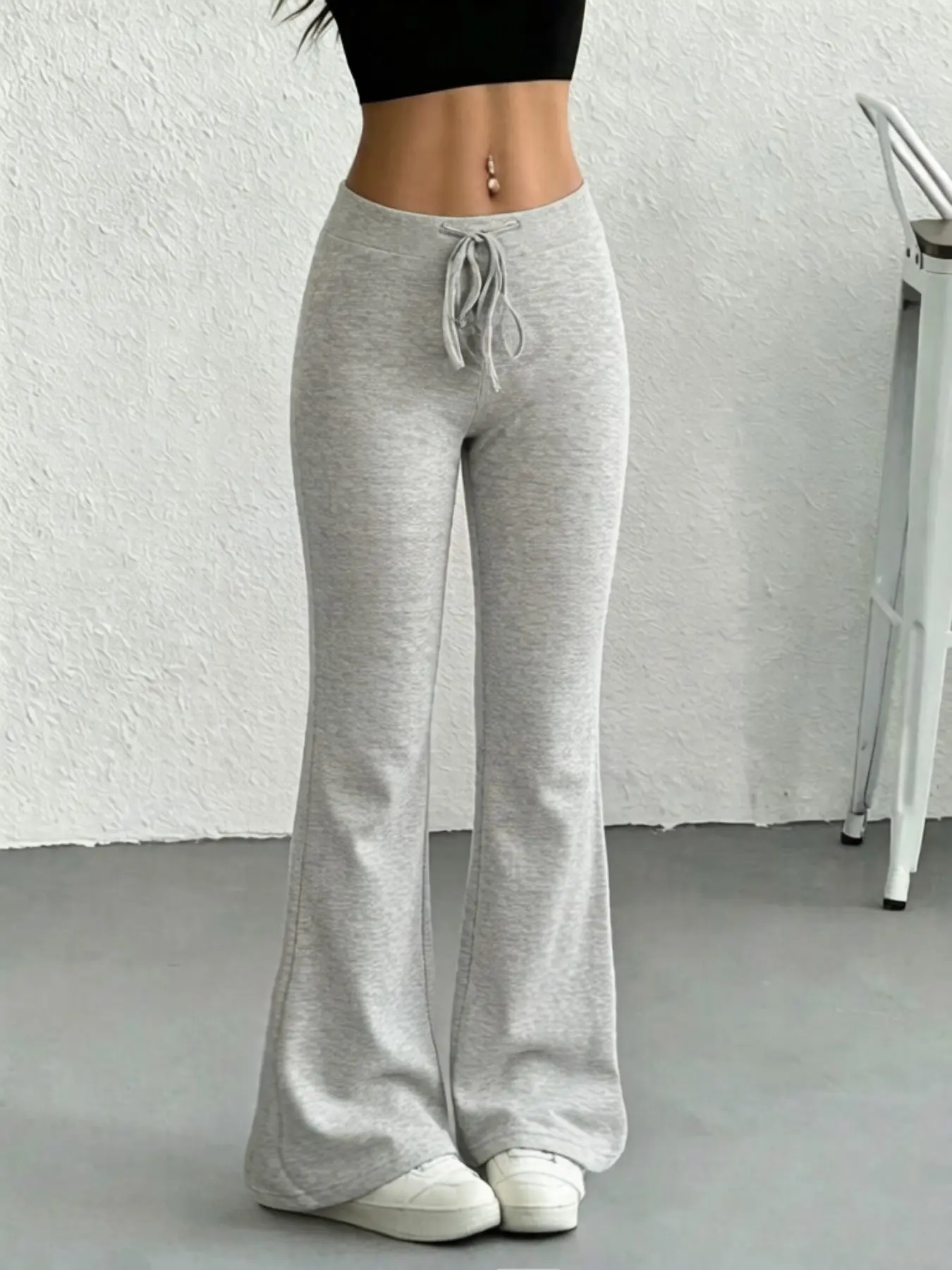 Sexy and pure desire style, plain color, slimming and leg slimming, long drawstring elastic casual trumpet pants, women's fashionable and versatile wear in all seasons