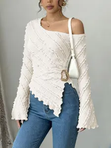 Women's Elegant Commuter Travel Shirt Blouse, Long Sleeve, Textured Fabric, Asymmetric Hem, Bell Sleeves, Side Metal Decor, Spring & Fall Top