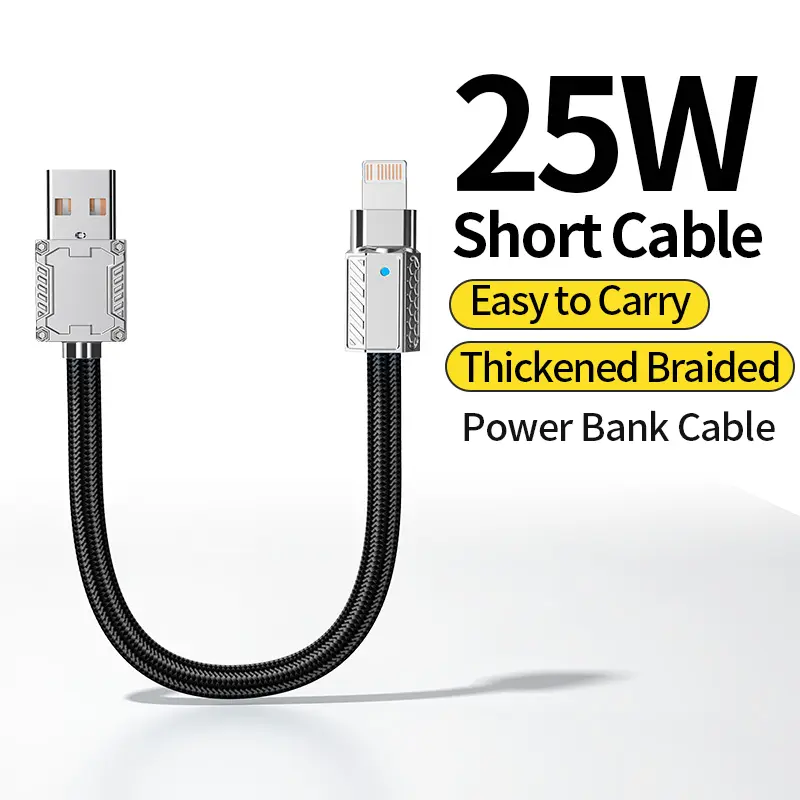 Kaxoe Heavy Duty Braided cable,short charging cable for Power Bank,USB-A to Lightning 25W Fast Charging Cable,for iPhone 6-14 Pro Max & Plus,10inch(25cm) 6-Core Tin Copper Short Cable,Zinc Alloy Connector,Tangle-Free Fast Charger Cord
