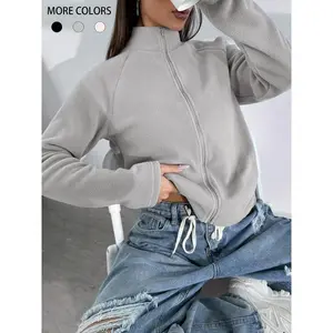 Women's Solid Raglan Sleeve Zip Up Polar Fleece Jacket, Casual Long Sleeve Stand Collar Outerwear for Spring & Fall, Ladies Clothes for Daily Wear