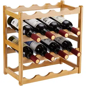 Sturdy Durable Bamboo Countertop Wine Rack, 4-Tier 16 Bottle Capacity Wine Storage Cabinet Shelf for Pantry Kitchen
