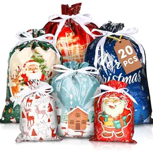 20 Packs Christmas Drawstring  Bags, Assorted Sizes Small to Large with 6 Colorful Designs & Tags,  for Holiday Wrapping, Party Favors & Xmas Decorations (20 Packs)