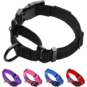 Adjustable Reflective Training Dog Collar with Buckle, USA Flag No Pull Prevents Slipping Out, for Medium Large XL Strong Pull Dogs (L, Black)
