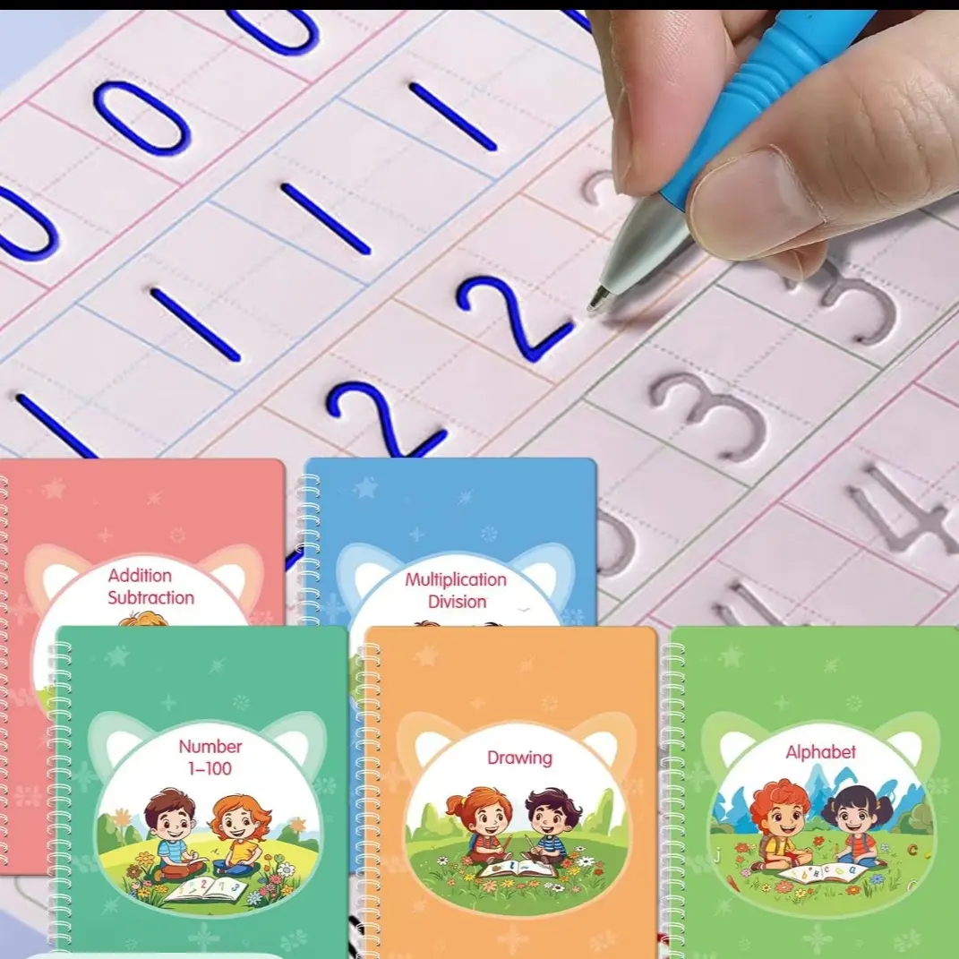 GrowTiger-3D Embossed letters Mess-Free Ink-Reusable-3D-Groove Design, Child-education CopyBook, Complete Learning & Practice Gift Set., Alphabet, Addition/Subtraction, Multiplication/Division, Basic Numbers, and Drawing