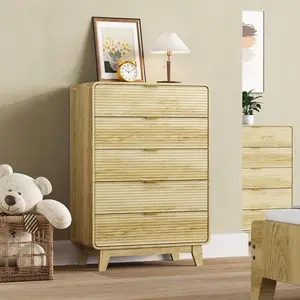 Modern Fluted 5 Drawer Dresser – 46" Tall Light Oak Bedroom Chest – Golden Metal Handles – Curved Profile – Sturdy Sturdy Feet – Spacious Storage Cabinet for Bedroom, Living Room, Entryway