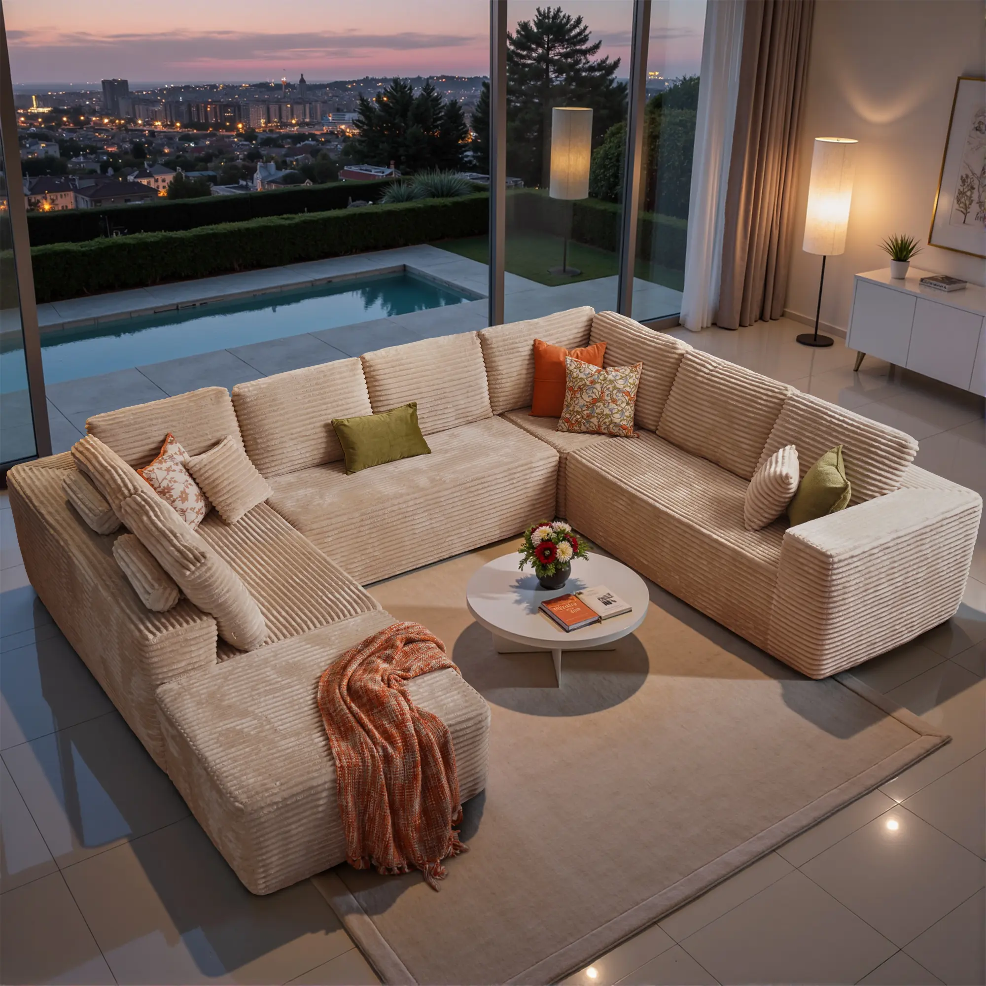 ALLWEX 135" Modular Cloud Sectional Sofa for Living Room, Oversized Corduroy Couch with Deep Seat Chaise & Movable Ottoman, Multifunctional Floor Sofa with Flexible Layout, Plush Lounge Seating, No Assembly Required