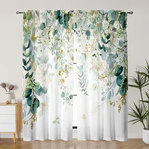 Green Curtains 84 Inches Long Sage Green Leaves Light Filtering Curtain White Floral Drapes for Living Room  Leaf Retro Elegant Window Curtains for Bedroom 2 Panels