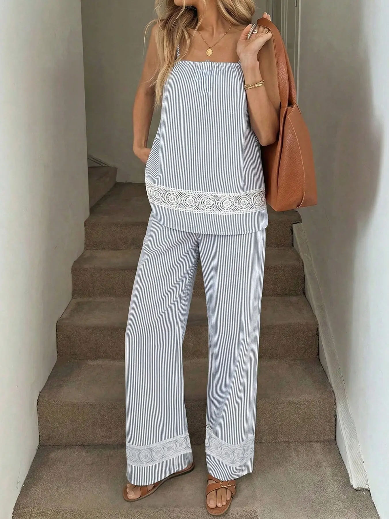 Women's 2-Piece Set Outfit Spaghetti Strap Striped Sleeveless Tank Top + Casual Striped Loose Long Pants, Essential Everyday Wear, Comfortable, Chic and Stylish