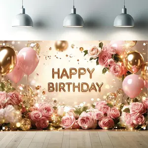 Pink Birthday Backdrop Elegant Party Style Polyester Fabric Photography Background Wrinkle Resistant HD Print Wall Decor for Women Celebration Photo Booth Setup